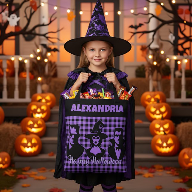 Halloween Frankenstein Witch Vampire Purple Plaid Tote Bag (Creator Uploaded)
