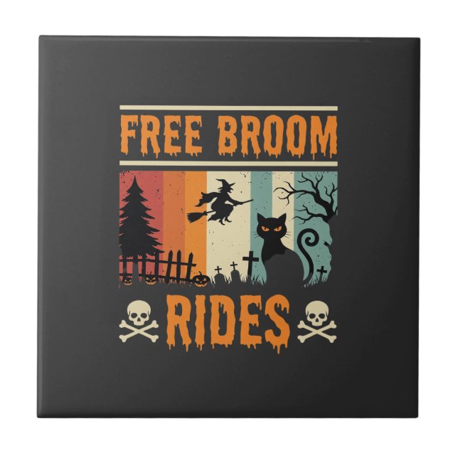Halloween Free Broom Rides Witch Cat Ceramic Tile (Front)
