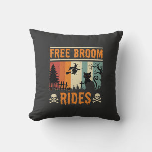 Halloween Free Broom Rides Witch Cat Cushion