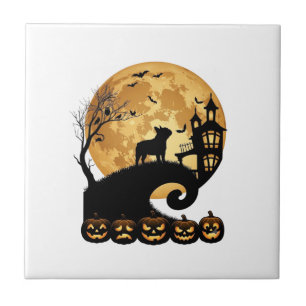 Halloween French Bulldog Moon Spooky Pumpkins Haun Ceramic Tile