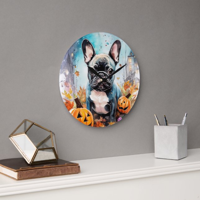 Halloween French Bulldog With Pumpkins Scary Large Clock (Office)