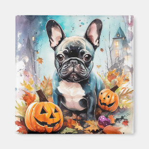 Halloween French Bulldog With Pumpkins Scary Magnet