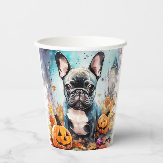 Halloween French Bulldog With Pumpkins Scary Paper Cups (Front)
