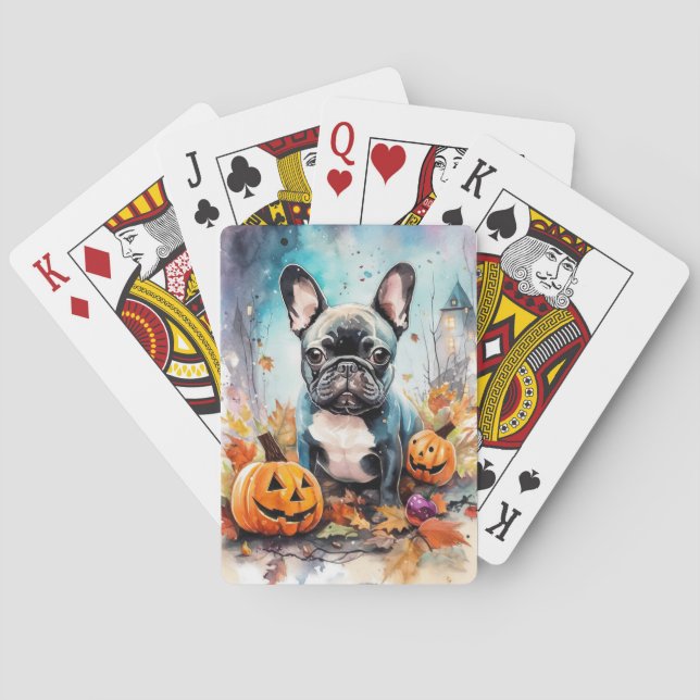 Halloween French Bulldog With Pumpkins Scary Playing Cards (Back)