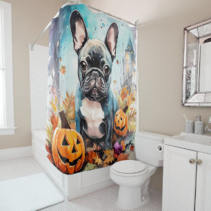 Halloween French Bulldog With Pumpkins Scary Shower Curtain