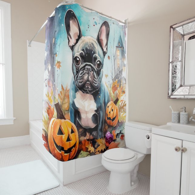 Halloween French Bulldog With Pumpkins Scary Shower Curtain (In Situ)