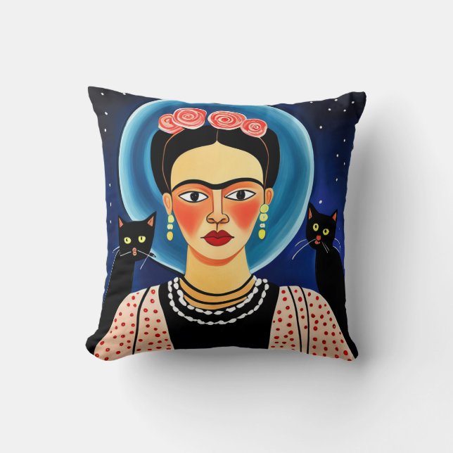 Halloween Frida and Black Cats Cushion (Front)