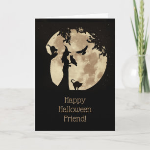 Halloween  Friend Whimsical Witch Cats Owl Raven Card