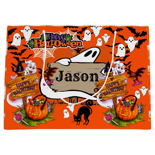 Halloween Friendly Ghosts Custom NAME Kids Large Gift Bag (Front)