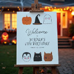 Halloween Friends Modern Birthday Welcome Sign<br><div class="desc">A modern Halloween birthday design with a pumpkin, a vampire, a witch's hat, a black cat, a ghost, and a werewolf illustrated in a simple drawing style with spooky typography. A cute birthday party welcome sign to match our "Halloween Friends Cute Modern Boy Birthday Party" design. Browse the collection linked...</div>