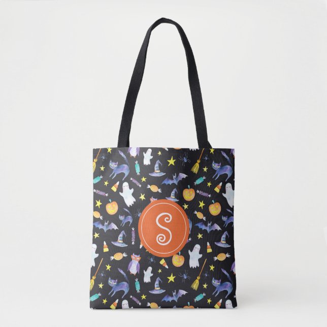 Halloween Friends Pattern Monogram Tote Bag (Front)