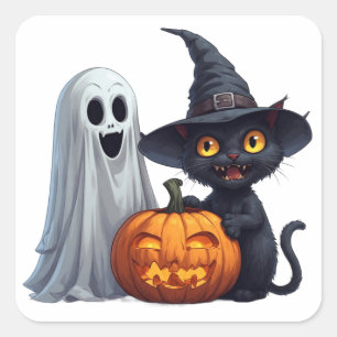 Halloween Friends With Pumpkin And Black Cat 🎃 Square Sticker