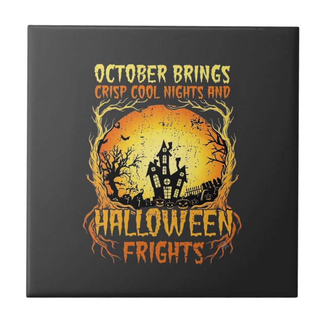 Halloween Frights Haunted House Full Moon Pumpkins Ceramic Tile (Front)