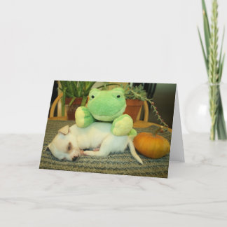 Halloween Frog, Puppy, and Pumpkin Greeting Card