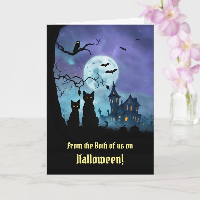 Halloween from Both of Us Cute two Black Cats  Card (Orchid)
