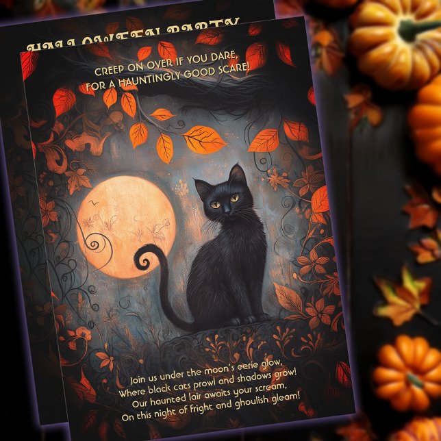 Halloween Full Moon Black Cat Ornate Adult Party Invitation (Halloween Full Moon Black Cat Ornate Adult Party Invitation)