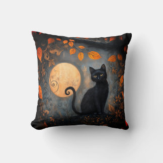 Halloween Full Moon Black Cat Ornate Autumn Cushion