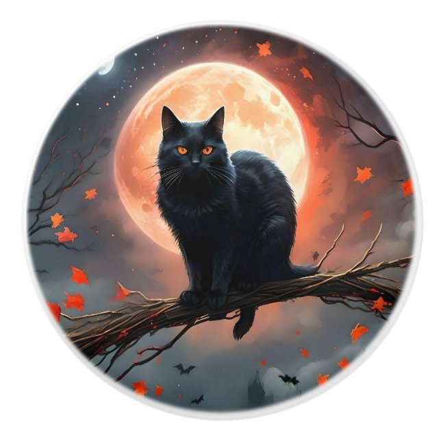 Halloween Full Moon Cat, Ceramic Knob (Front)