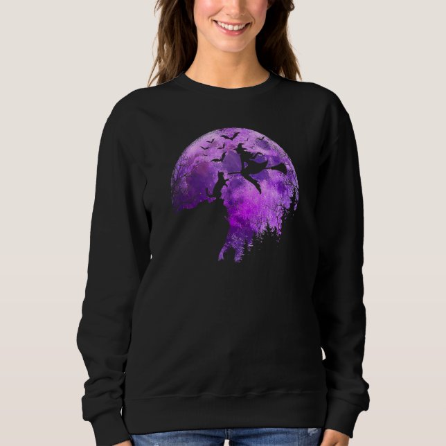Halloween Full Moon Cat In A Cliff Witch Flying Ba Sweatshirt (Front)