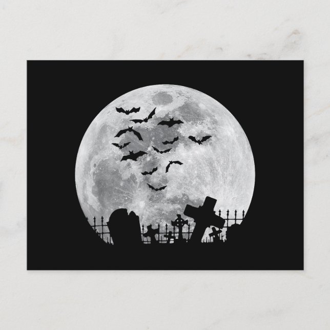 Halloween Full Moon Cemetery Graveyard Spooky Bats Holiday Postcard (Front)