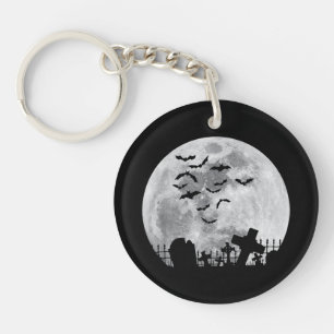 Halloween Full Moon Cemetery Graveyard Spooky Bats Key Ring