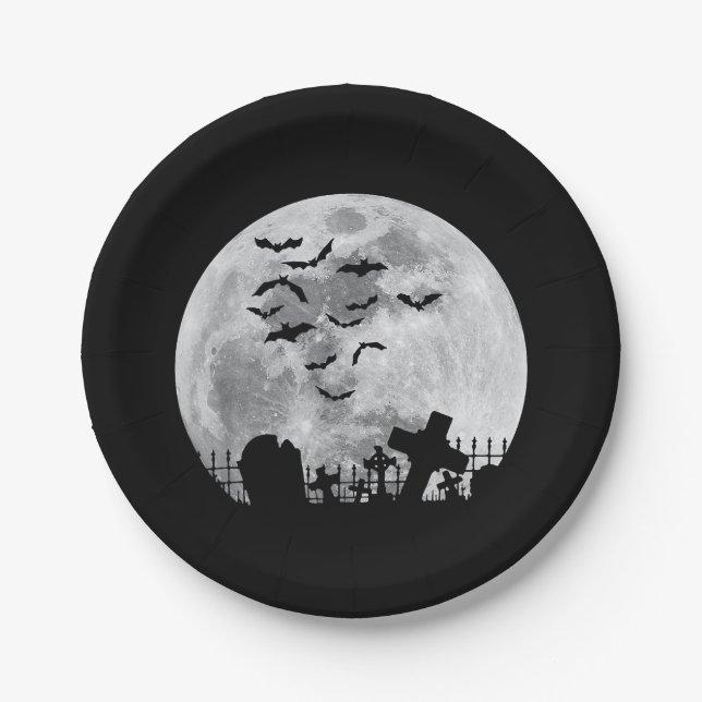 Halloween Full Moon Cemetery Graveyard Spooky Bats Paper Plate (Front)