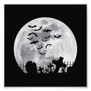 Halloween Full Moon Cemetery Graveyard Spooky Bats Photo Print