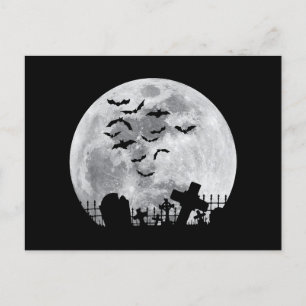 Halloween Full Moon Cemetery Graveyard Spooky Bats Postcard