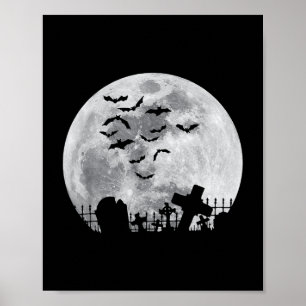 Halloween Full Moon Cemetery Graveyard Spooky Bats Poster