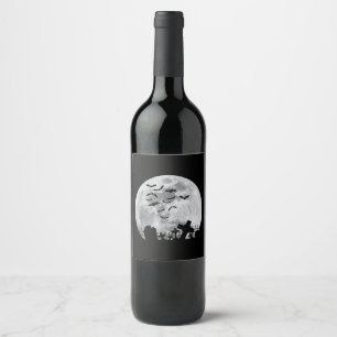 Halloween Full Moon Cemetery Graveyard Spooky Bats Wine Label