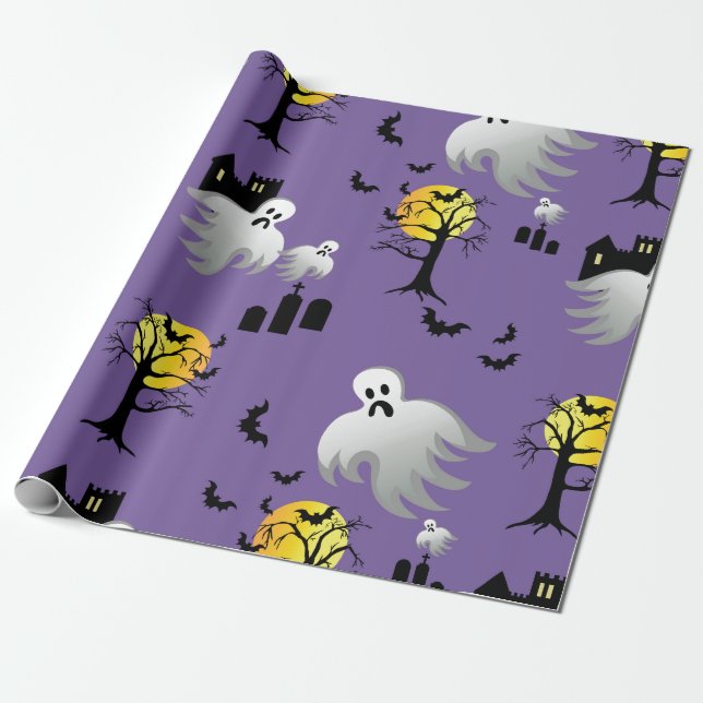 Halloween Full Moon Ghosts on Purple Wrapping Paper (Unrolled)