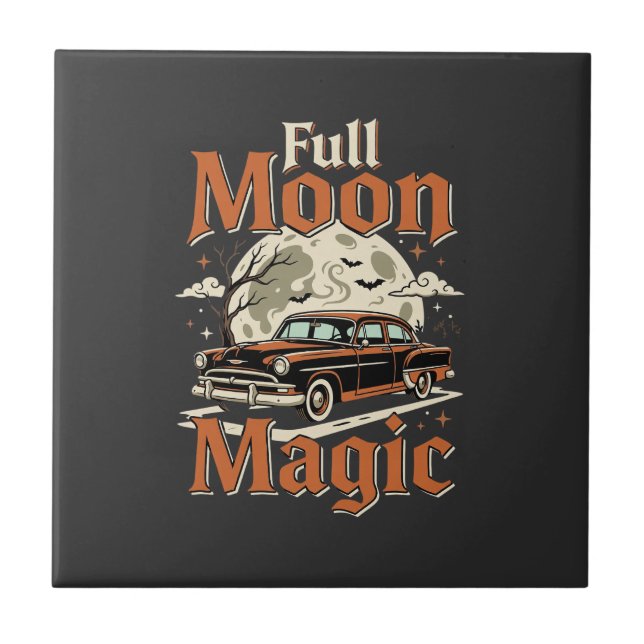 Halloween Full Moon Magic Vintage Car Ceramic Tile (Front)