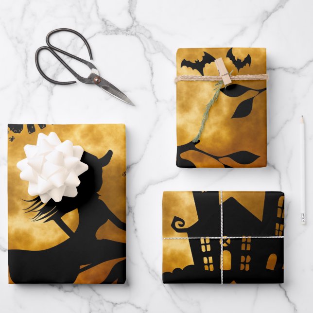 Halloween Full Moon Witch Spooky House  Wrapping Paper Sheet (Front)