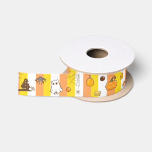 Halloween Fun Orange Yellow and White stripe Satin Ribbon