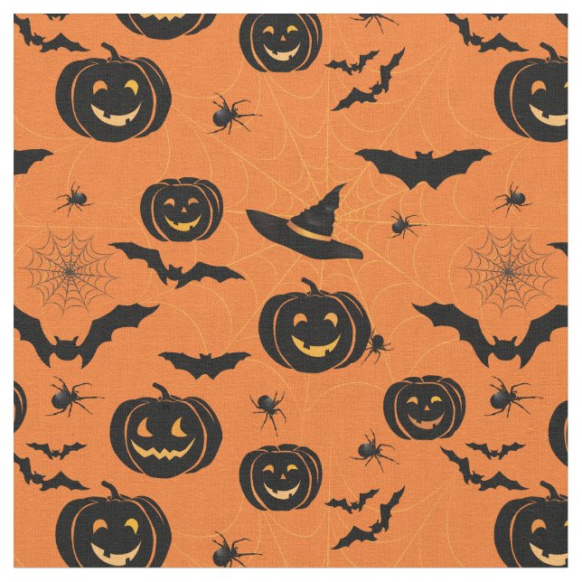 Halloween Fun Pumpkins & Witch Hats Pattern Fabric (Close Up)