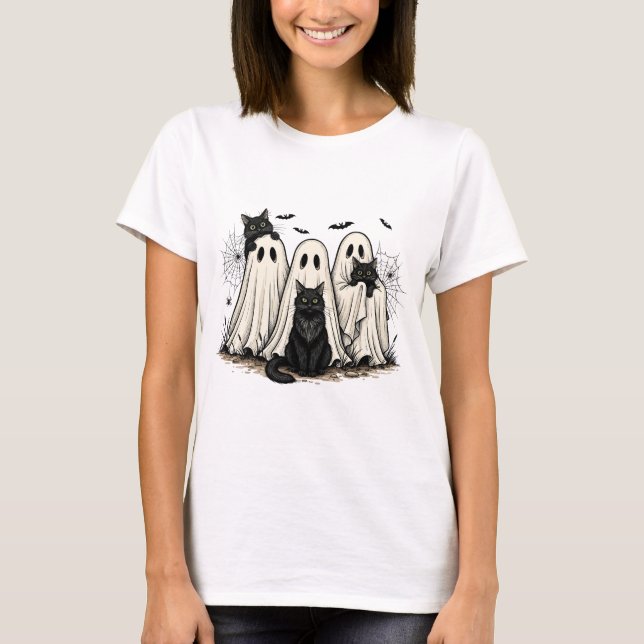 Halloween Fun T-Shirt - Ghost and Black Cats (Front)