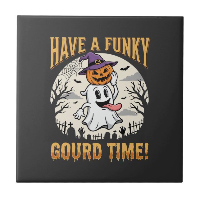 Halloween Funky Gourd Time Ghost Pumpkin Ceramic Tile (Front)