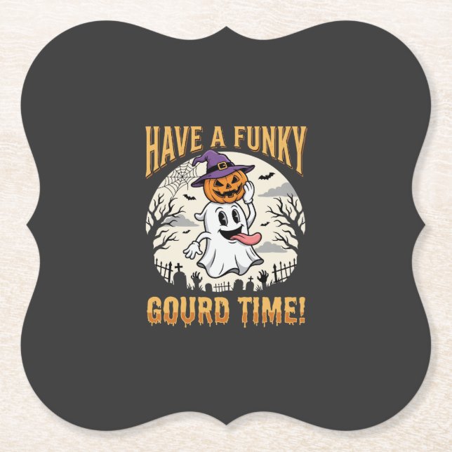 Halloween Funky Gourd Time Ghost Pumpkin Paper Coaster (Front)