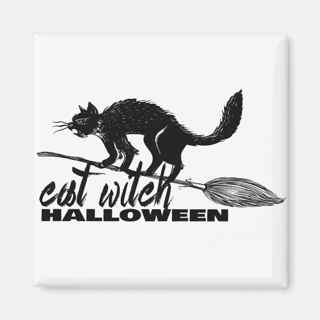Halloween Funny Cat Witch On  Broomstick Magnet (Front)