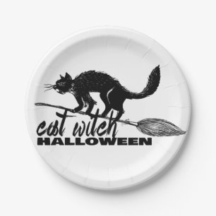 Halloween Funny Cat Witch On Broomstick Paper Plate