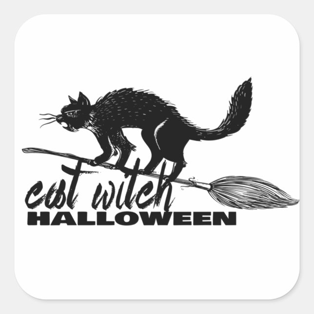 Halloween Funny Cat Witch On  Broomstick Square Sticker (Front)