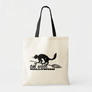 Halloween Funny Cat Witch On Broomstick Tote Bag