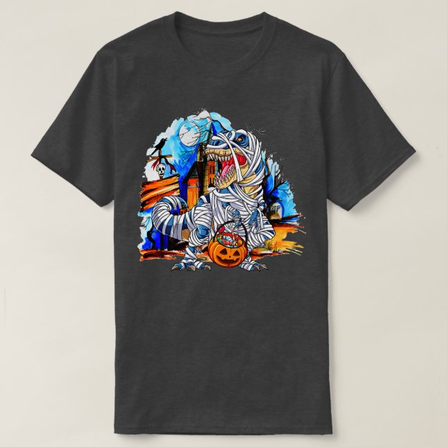 Halloween Funny Dinosaur Skeleton T rex Mummy Pump T-Shirt (Design Front)
