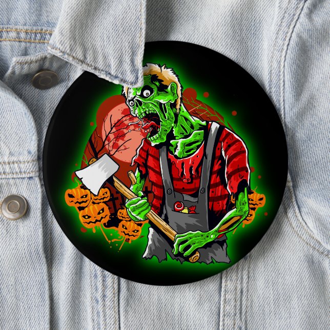 Halloween Funny Green Zombie Axe on   Button (In Situ)