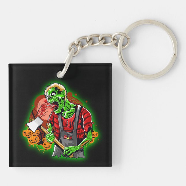 Halloween Funny Green Zombie Axe on Key Ring (Back)