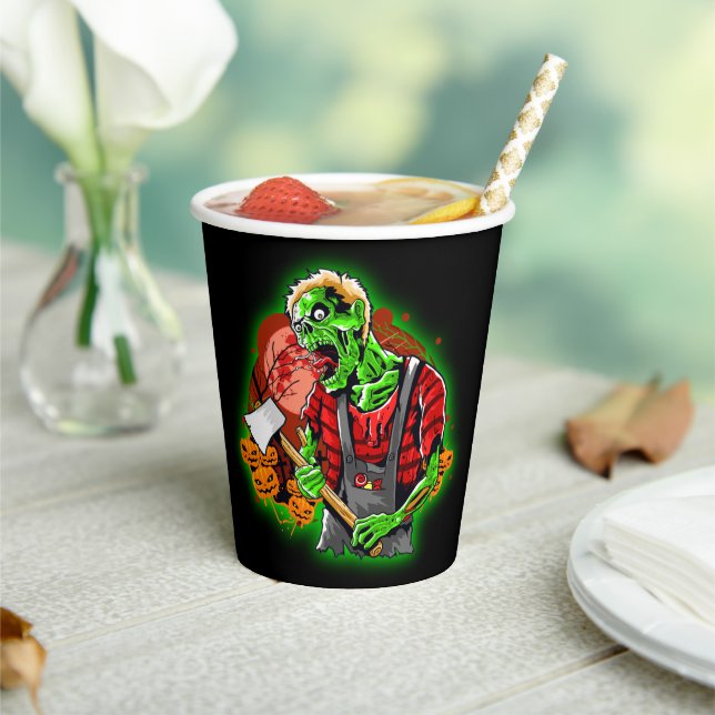 Halloween Funny Green Zombie Axe on Paper Cups (Insitu)