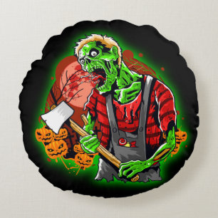 Halloween Funny Green Zombie Axe on Round Cushion