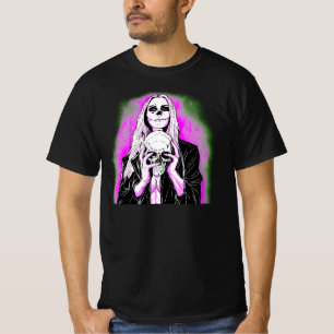 Halloween Funny Pink Green Scary Lady Skull Black T-Shirt