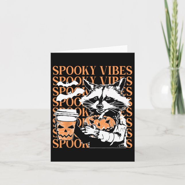 Halloween Funny Racoon Spooky Vibes Coffee Pumpki Card (Front)