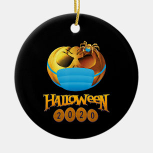 Halloween Funny Scary Pumpkin And Spider With Mask Ceramic Ornament